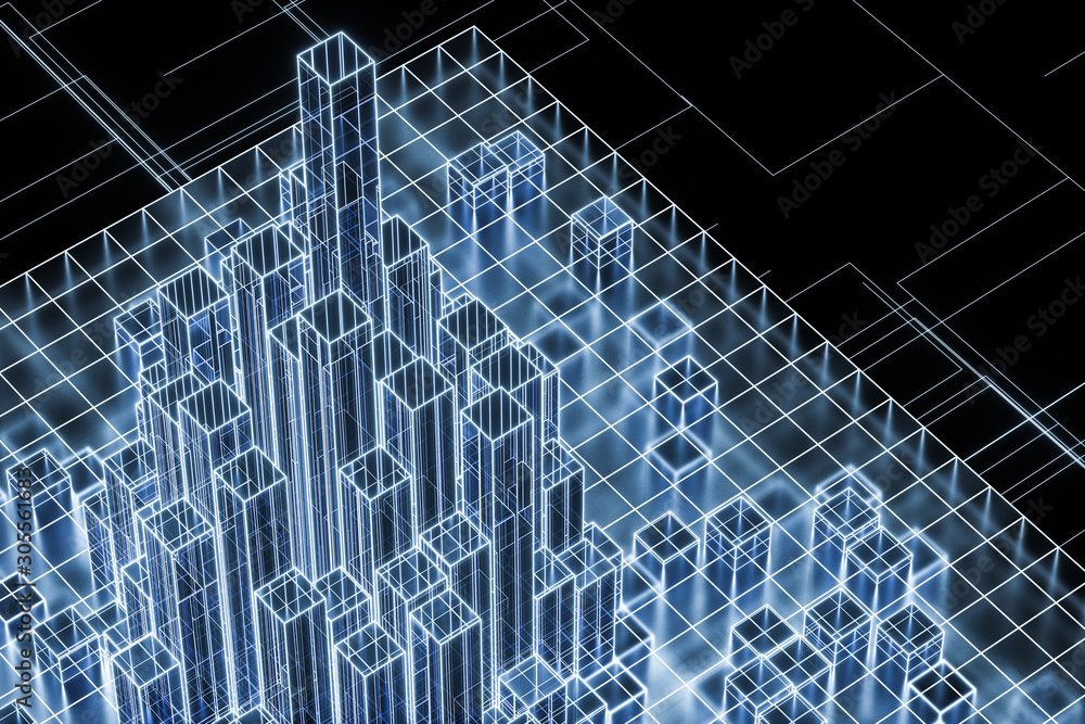Poster cubes and lines with dark background, 3d rendering.