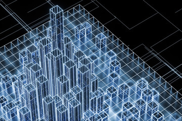 Cubes and lines with dark background, 3d rendering.