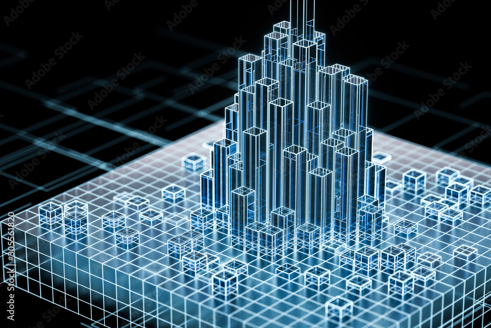 Poster cubes and lines with dark background, 3d rendering.