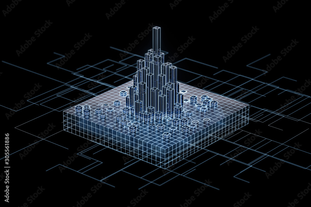 Poster cubes and lines with dark background, 3d rendering.
