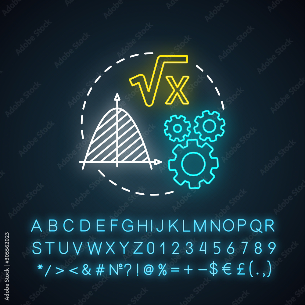 Poster mathematical foundations neon light concept icon. calculations base idea. combination of numbers, di