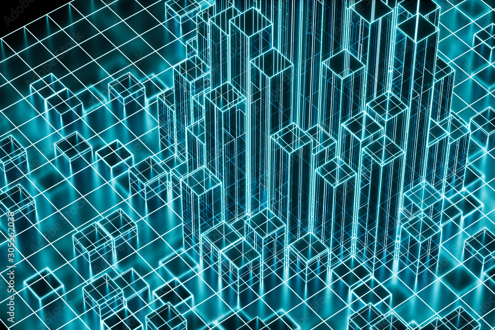 Poster cubes and lines with dark background, 3d rendering.