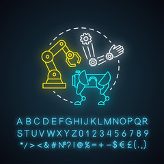 Dynamics and control neon light concept icon. Robotics motion system idea. Information technologies and innovative programming. Glowing sign with alphabet, numbers. Vector isolated illustration