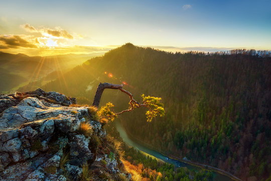 Beautiful sunrise on sokolica hill in polish mountains
