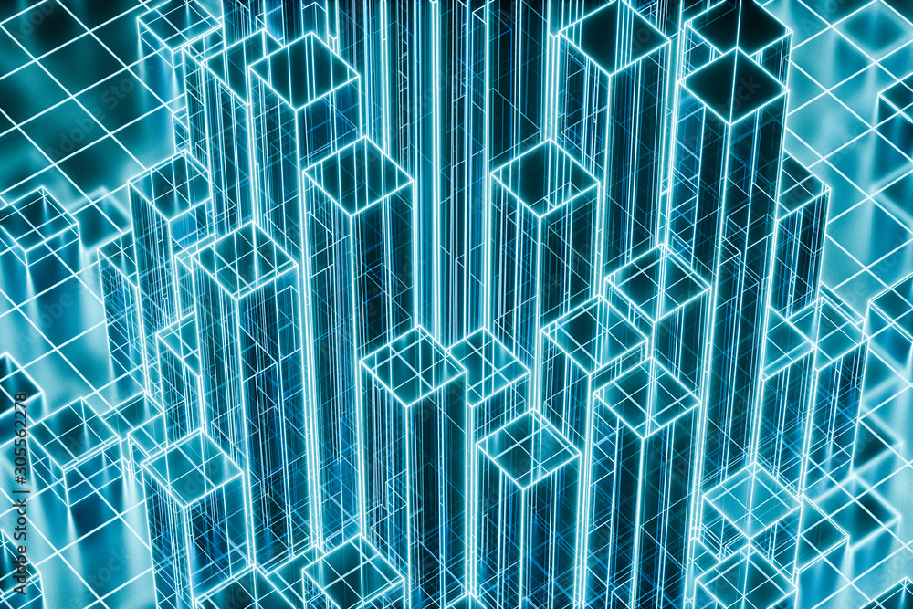 Poster cubes and lines with dark background, 3d rendering.