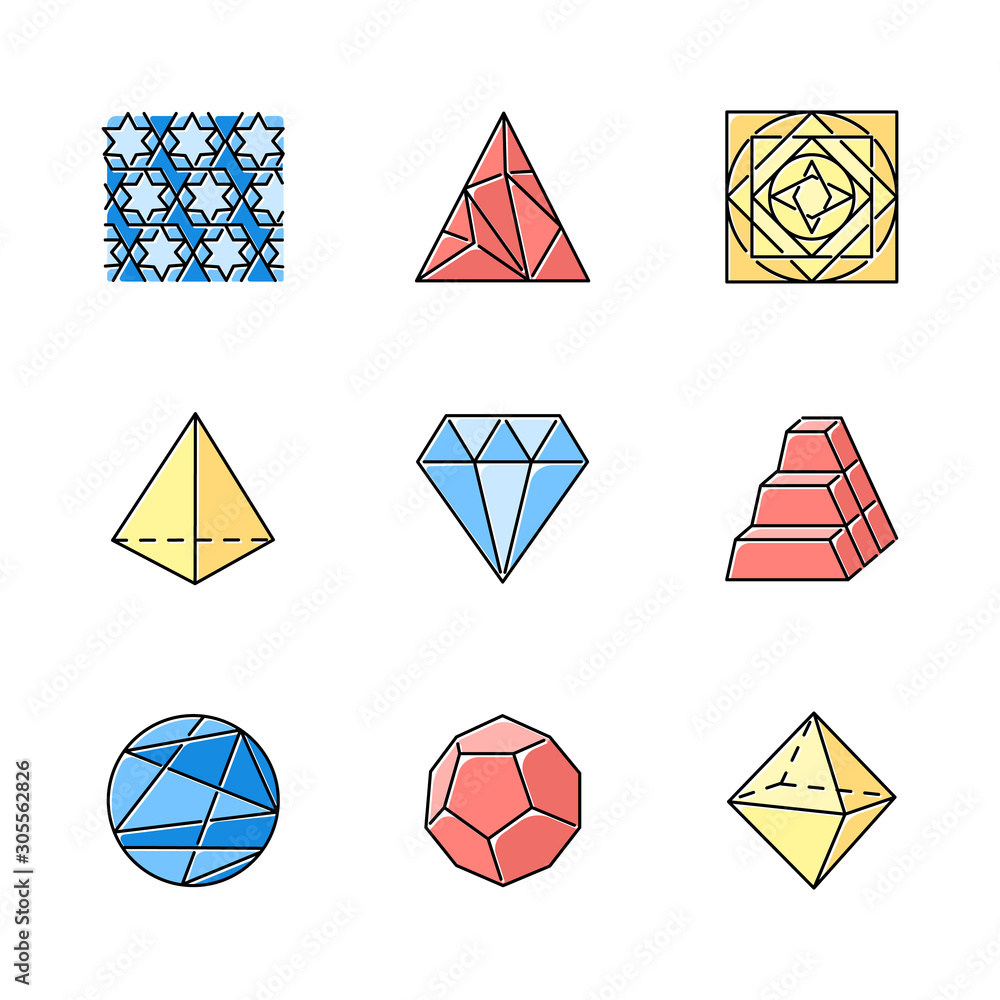 Poster geometric figures color icons set. abstract shapes. isometric forms. geometric ornament. polygonal t