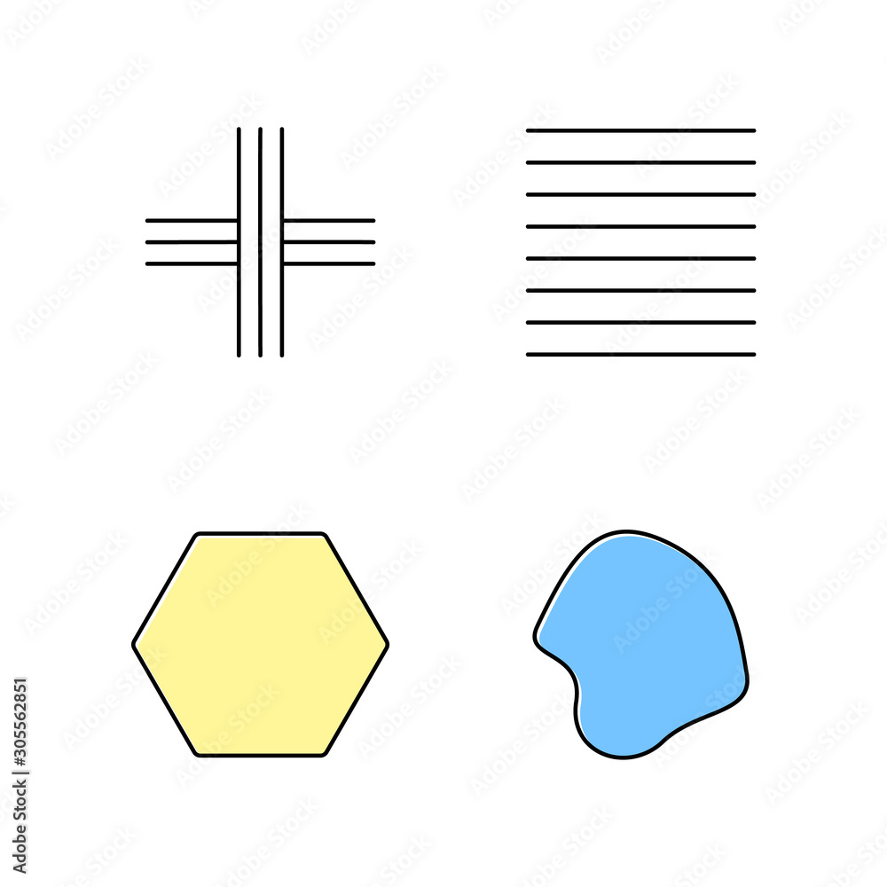 Poster geometric figures color icons set. crossed stripes. black ink strokes. parallel lines. flat solid he