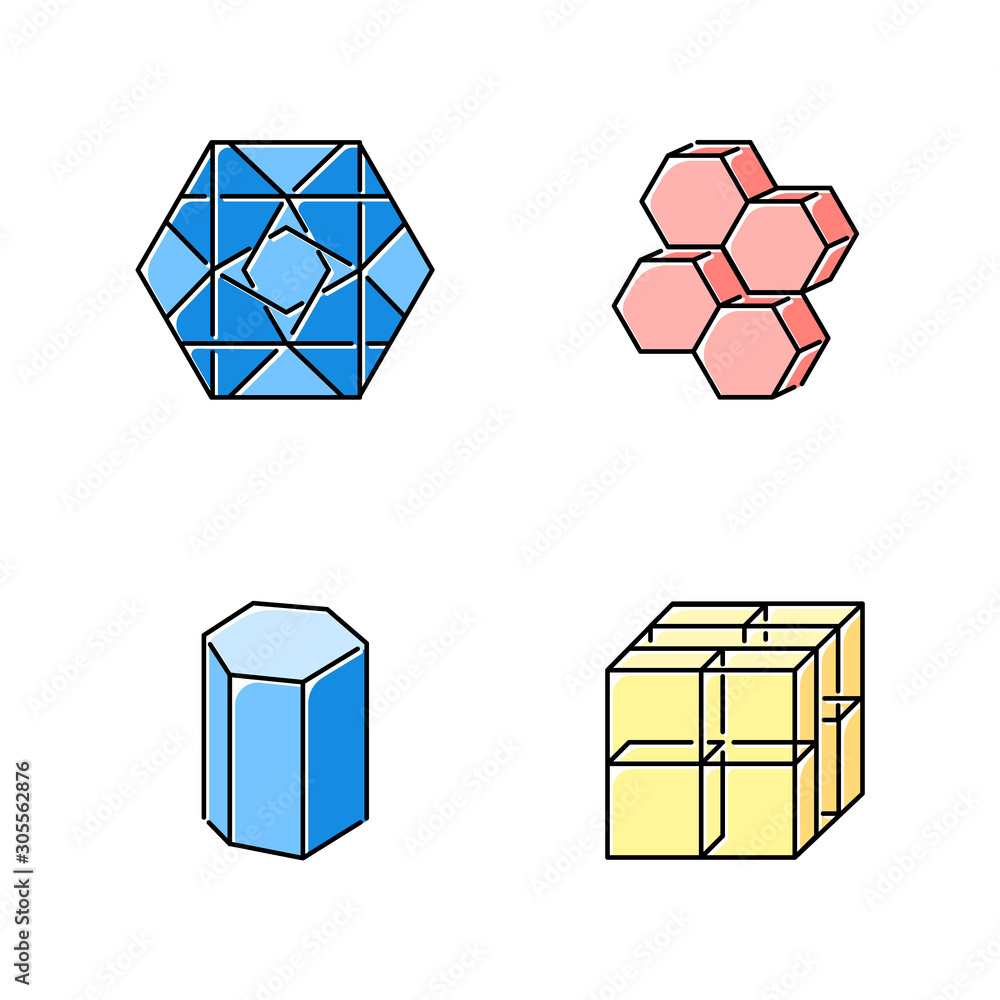 Poster geometric figures color icons set. flat hexagon with ornate curves. dimensional six corner combs. pr