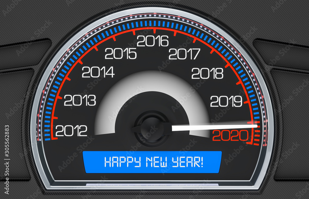 Poster 2020 speedometer new year concept, 3d rendering