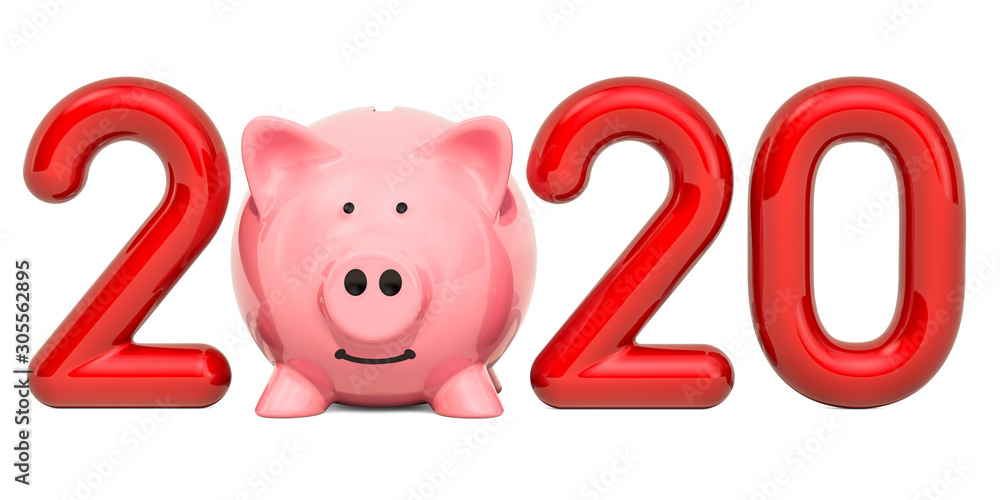 Poster 2020 with piggy bank, 3d rendering