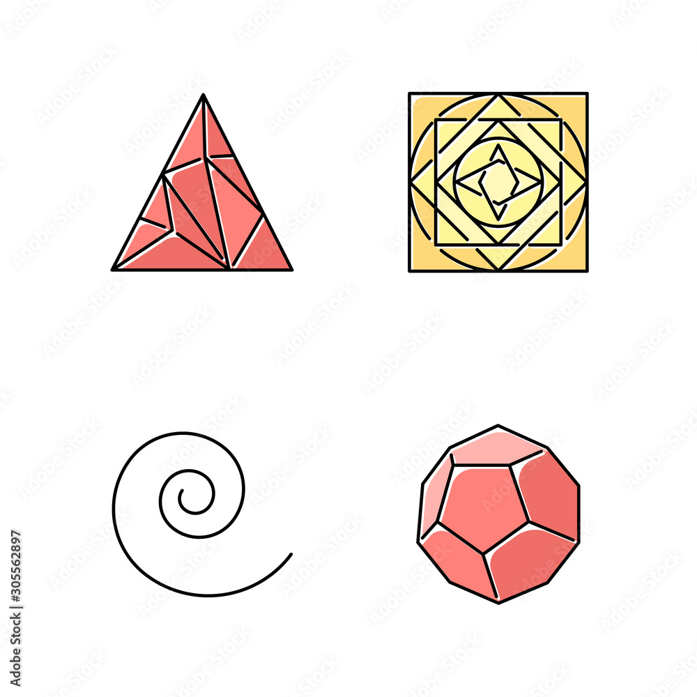 Poster geometric figures color icons set. polygonal triangle. solid square with circle ornament. swirls, cu