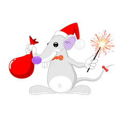 Cartoon character. Cute smiling white rat in a Christmas hat, with a bag of gifts and sparkler in his hands.