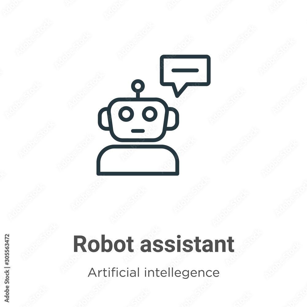 Poster robot assistant outline vector icon. thin line black robot assistant icon, flat vector simple elemen