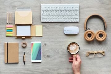 Concept flat lay with modern office supplies from eco friendly sustainable materials without single use plastic to reduce waste and organize sustainable lifestyle at work.