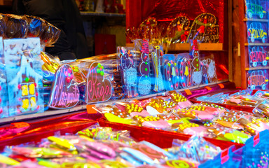 Gingerbread cookies food on Christmas market in Europe in winter. German Night street Xmas and...