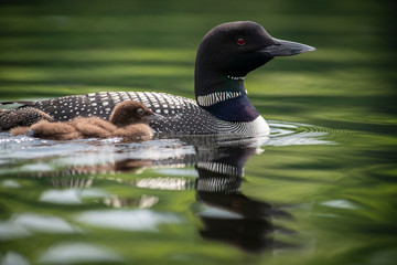 Juvenile Common Loon snuggled on his parent © RLS Photo