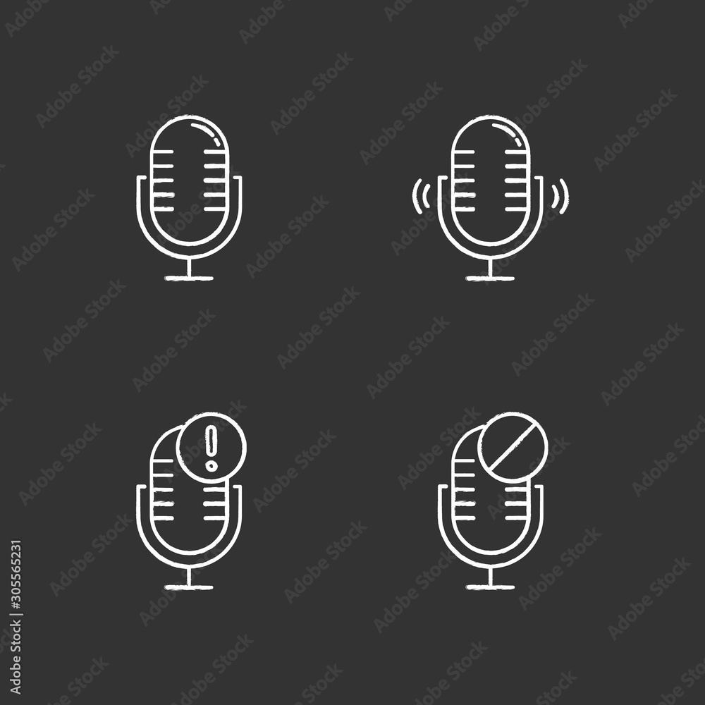 Poster microphone connection problems chalk icons set. sound recording mistake idea. voice record equipment