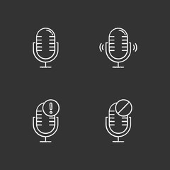 Microphone connection problems chalk icons set. Sound recording mistake idea. Voice record equipments. Podcast technology. Portable mics. Error notification. Isolated vector chalkboard illustrations