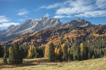 Fototapeta na wymiar Civetta mount, one of the highest peaks among the Italian Dolomites, at fall