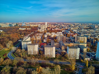 A beautiful panoramic view of the sunset in a fabulous November autumn evening at sunset from drone at Pola Mokotowskie in Warsaw, Poland - Mokotow Field is a large park called 