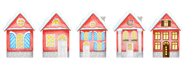 Obraz premium Watercolor Christmas winter red houses Set with dark brown and white wooden door, luminous windows and with snow on the roof on a white background. House with New Year wreath decoration