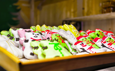 Gingerbread cookies food on Christmas market in Europe in winter. German Night street Xmas and...