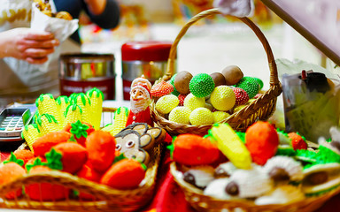 Gingerbread cookies food on Christmas market in Europe in winter. German Night street Xmas and...