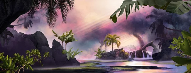 Foto auf Acrylglas Beautiful dreamy sunset lagoon jungle landscape with palm trees and tropical leaves, can be used as background or wallpaper © Kanea