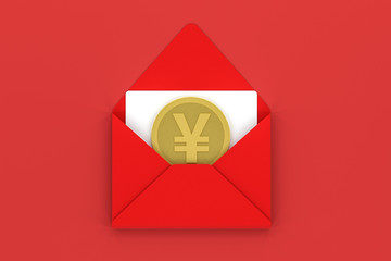 Red package with golden coin inside, red background, festive theme, 3d rendering