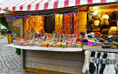 Gingerbread cookies food on Christmas market in Europe in winter. German Night street Xmas and...