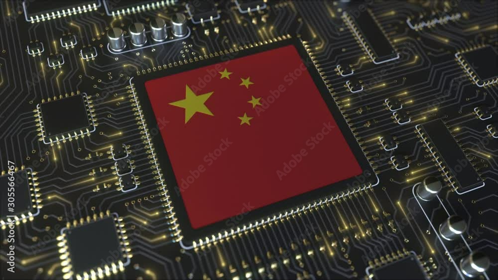 Poster national flag of china on the operating chipset. chinese information technology or hardware developm