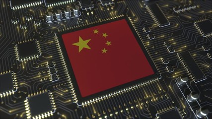 National flag of China on the operating chipset. Chinese information technology or hardware development related conceptual 3D animation - Powered by Adobe