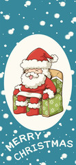 Santa Claus smile sitting on a green chair vector illustration with the white letters Merry Christmas, The side has a snowing pattern and a blue green background,  For wallpaper mobile phone.