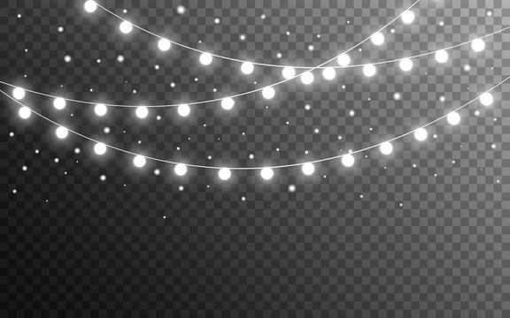 Christmas lights and snow flakes on transparent backdrop. Realistic luminous elements. Glowing silver garlands. Bright light bulbs for website, card or poster. Vector illustration