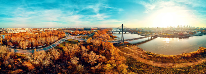 Beautiful panoramic aerial dsrone view to Swietokrzyski Bridge (Polish: Świętokrzyski) and The...