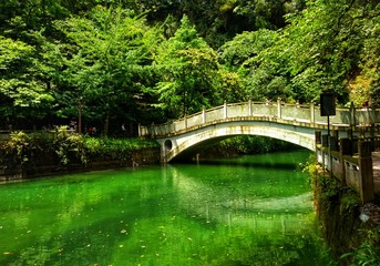 Fototapeta na wymiar A beautiful bridge over a river in china with green trees and reflection in the water