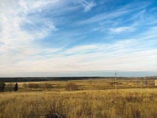 Landscape field with yellow grass and forest in the distance and a line of electricity above it, view from the top of the hill.