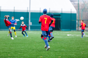 Boys in red and blue sportswear plays football on field, dribbles ball. Young soccer players with ball on green grass. Training, football, active lifestyle for kids concept 