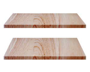 Set of empty brown wooden shelf isolated on white background. for montage of your product