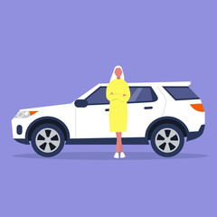 Young female character in full length leaning against a sport car, flat vector illustration