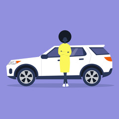 Young black female character in full length leaning against a sport car, flat vector illustration