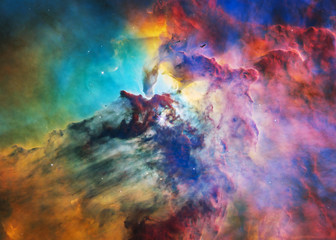 Naklejka na ściany i meble The Lagoon Nebula in bright colours. Deep space look. Science fiction wallpaper. Elements of this image were furnished by NASA.