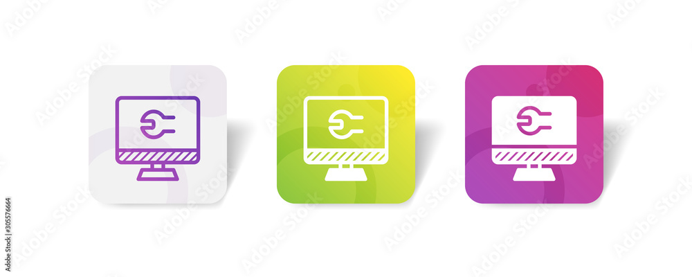 Poster desktop monitor screen with spanner repair sign - outline and solid style icon with colorful smooth 