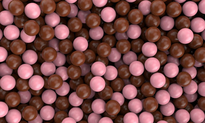 Many Flavour sweet delicious Chocolate milk and Pink Strawberry sphere ball smooth realistic Background wallpaper render, 3D illustration.