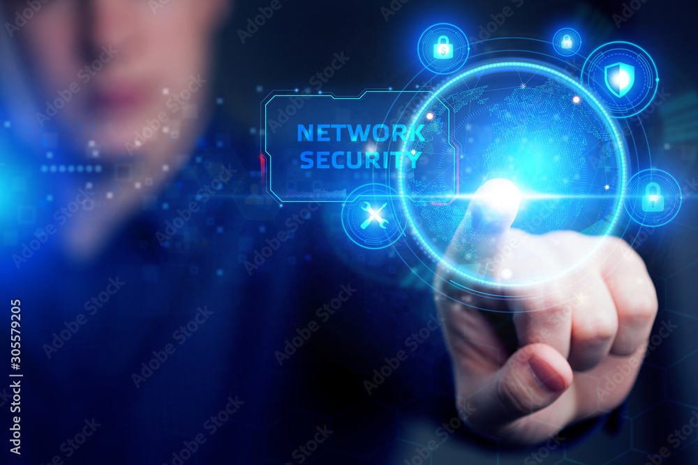 Poster cyber security data protection business technology privacy concept. young businessman working in the