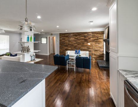 Modern Wood Accent Wall In Open Floor Plan