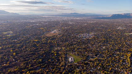 Salt Lake City Skyline, Downtown Aerial Drone. Neighborhood with mountains in the background