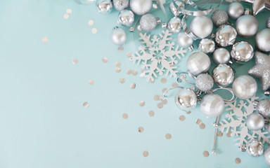 Christmas banner. Xmas silver and glitter gifts box, blue background. Horizontal poster, greeting card, headers, website. Decoration objects flat lay, top view