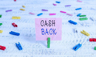 Writing note showing Cash Back. Business concept for denoting a form of incentive offered to buyers of certain products Green clothespin white wood background reminder office supply