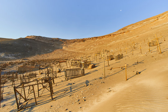Historic cemetery of Pisagua town . A very prosperous mining city during the early twentieth century in the era of nitrates. Tarapaca Region,Atacama Desert. Chile.